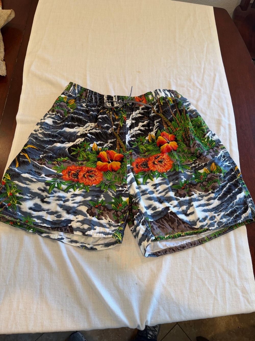 T0204101 Birdwell Black Swim Trunks with Orange Floral Print Aloha!